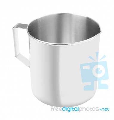 Upper Open Stainless Gutter Cup With Handle On White Background Stock Photo