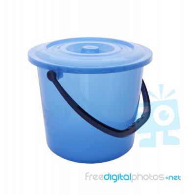 Upper Side Blue Bucket With Cover On White Background Stock Photo