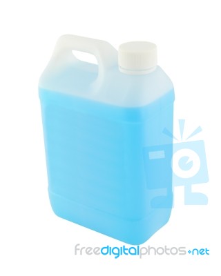 Upper Side Plastic Gallon With Blue Liquid On White Background Stock Photo