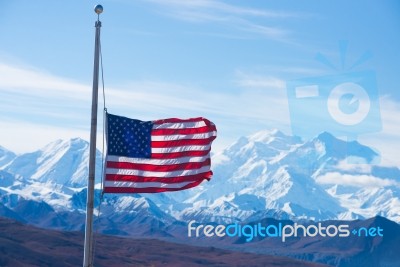 Usa Flag With Mckinley Mountain Stock Photo