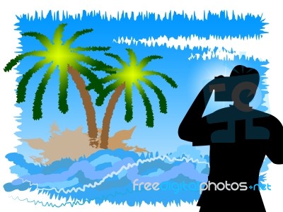 Vacation Photographer Shows Tropical Island And Camera Stock Image