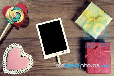 Valentines Background With Candy And Gift With Vintage Colour Stock Photo