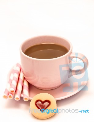 Valentines Coffee Heart Represents Cracker Biscuit And Cookies Stock Photo