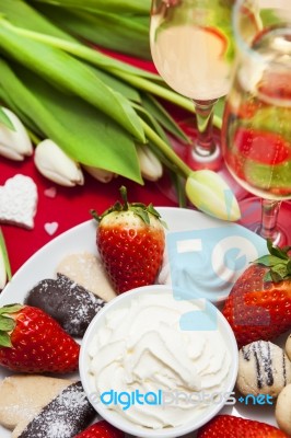 Valentine's Day Sweets And Champagne Setup Stock Photo