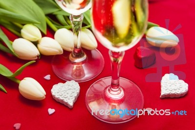 Valentine's Day Sweets And Champagne Setup Stock Photo