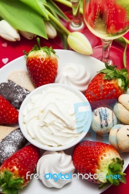 Valentine's Day Sweets And Champagne Setup Stock Photo