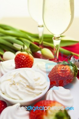 Valentine's Day Sweets And Champagne Setup Stock Photo