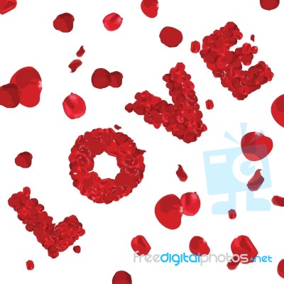 Valentines Day Word Love Made Of Red Roses Isolated On White Background - Illustration, Stock Image