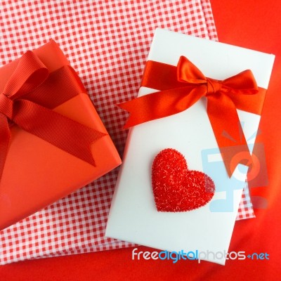 Valentines Gift Box With A Red Bow On Red Background Image Of Va… Stock Photo