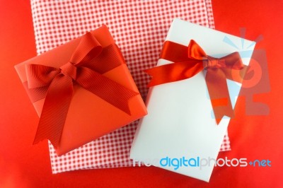 Valentines Gift Box With A Red Bow On Red Background Image Of Va… Stock Photo