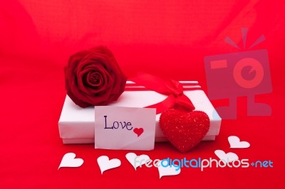 Valentines Gift Box With A Red Bow On Red Background Image Of Va… Stock Photo