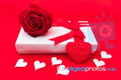 Valentines Gift Box With A Red Bow On Red Background Image Of Va… Stock Photo