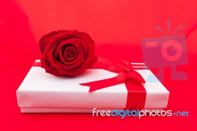 Valentines Gift Box With A Red Bow On Red Background Image Of Va… Stock Photo