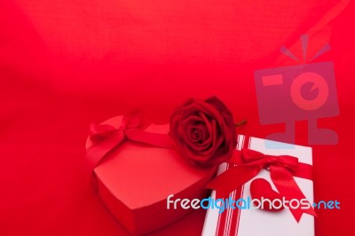 Valentines Gift Box With A Red Bow On Red Background Image Of Va… Stock Photo