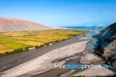 Valley Of Ocona River As It Flows Into The Pacific Ocean In The Stock Photo