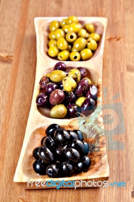 Variety Of Green, Black And Mixed Marinated Olives Stock Photo