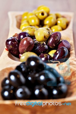 Variety Of Green, Black And Mixed Marinated Olives Stock Photo