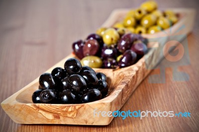 Variety Of Green, Black And Mixed Marinated Olives Stock Photo