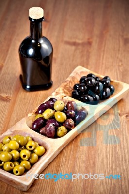 Variety Of Green, Black And Mixed Marinated Olives Stock Photo