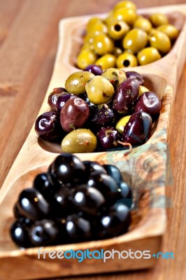 Variety Of Green, Black And Mixed Marinated Olives Stock Photo