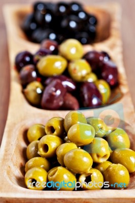 Variety Of Green, Black And Mixed Marinated Olives Stock Photo