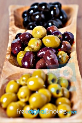 Variety Of Green, Black And Mixed Marinated Olives Stock Photo