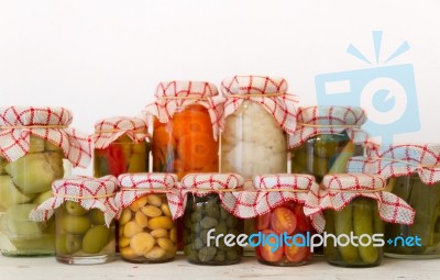 Variety Of Jars With Organic Vegetable Pickles Stock Photo