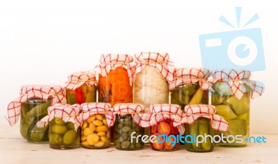 Variety Of Jars With Organic Vegetable Pickles Stock Photo