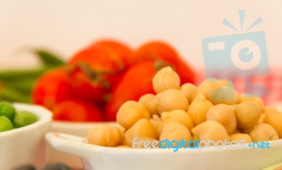 Variety Of Kitchen Ingredients With Fresh And Dried Legumes Stock Photo