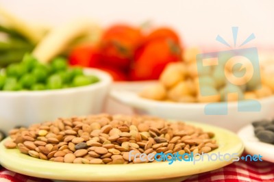 Variety Of Kitchen Ingredients With Fresh And Dried Legumes Stock Photo