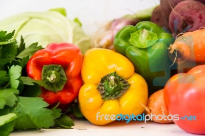 Variety Of Vegetables Grown In The Organic Garden Stock Photo