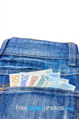 Various Euro Notes In Jeans Back Pocket Stock Photo