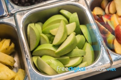 Various Fresh Fruit And Vegetable Salad Bar Healthy Items Stock Photo