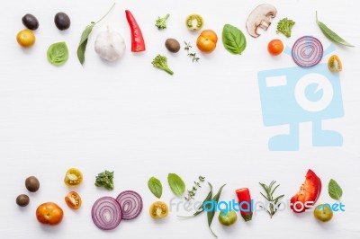 Various Fresh Vegetables And Herbs On White Background.ingredien… Stock Photo