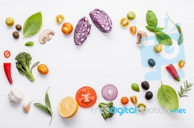 Various Fresh Vegetables And Herbs On White Background.ingredien… Stock Photo