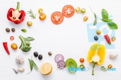 Various Fresh Vegetables And Herbs On White Background.ingredien… Stock Photo