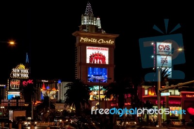 Various Illuminated Signs At Night In Las Vegas Stock Photo