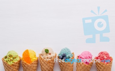 Various Of Ice Cream Flavor In Cones Blueberry ,strawberry ,pist… Stock Photo