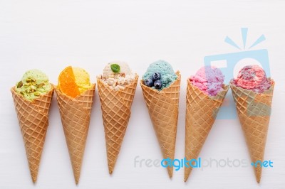 Various Of Ice Cream Flavor In Cones Blueberry ,strawberry ,pist… Stock Photo