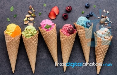 Various Of Ice Cream Flavor In Cones Blueberry ,strawberry ,pist… Stock Photo