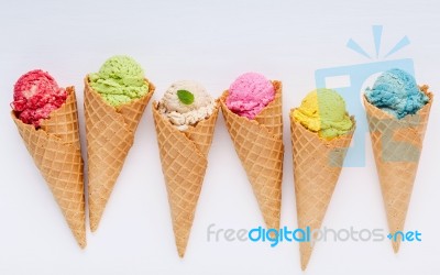 Various Of Ice Cream Flavor In Cones Blueberry ,strawberry ,pist… Stock Photo