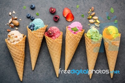 Various Of Ice Cream Flavor In Cones Blueberry ,strawberry ,pist… Stock Photo