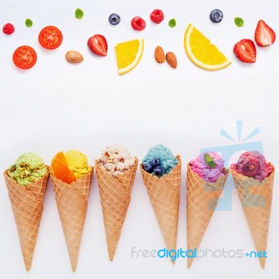 Various Of Ice Cream Flavor In Cones Blueberry ,strawberry ,pist… Stock Photo