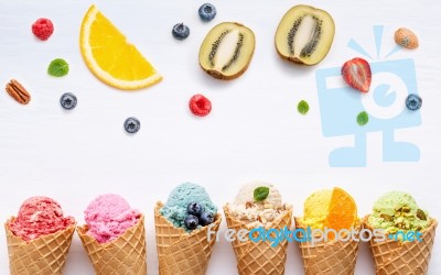 Various Of Ice Cream Flavor In Cones Blueberry ,strawberry ,pist… Stock Photo