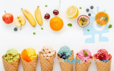 Various Of Ice Cream Flavor In Cones Blueberry ,strawberry ,pist… Stock Photo