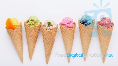 Various Of Ice Cream Flavor In Cones Blueberry ,strawberry ,pist… Stock Photo