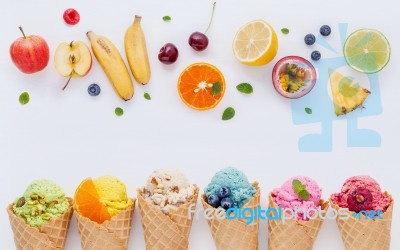 Various Of Ice Cream Flavor In Cones Blueberry ,strawberry ,pist… Stock Photo