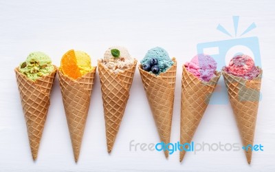 Various Of Ice Cream Flavor In Cones Blueberry ,strawberry ,pist… Stock Photo