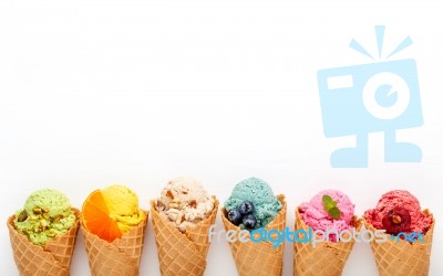 Various Of Ice Cream Flavor In Cones Blueberry ,strawberry ,pist… Stock Photo