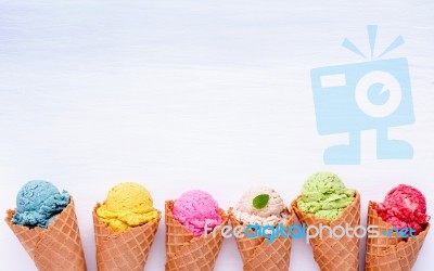 Various Of Ice Cream Flavor In Cones Blueberry ,strawberry ,pist… Stock Photo